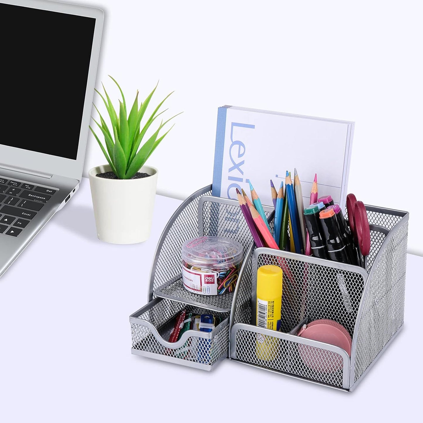Desk Organizer Office Accessories, Multi-Functional Mesh Desk Organizer with 6 Compartments and 1 Drawer for Home, Office, School, Workshop, Kitchen (Silver)