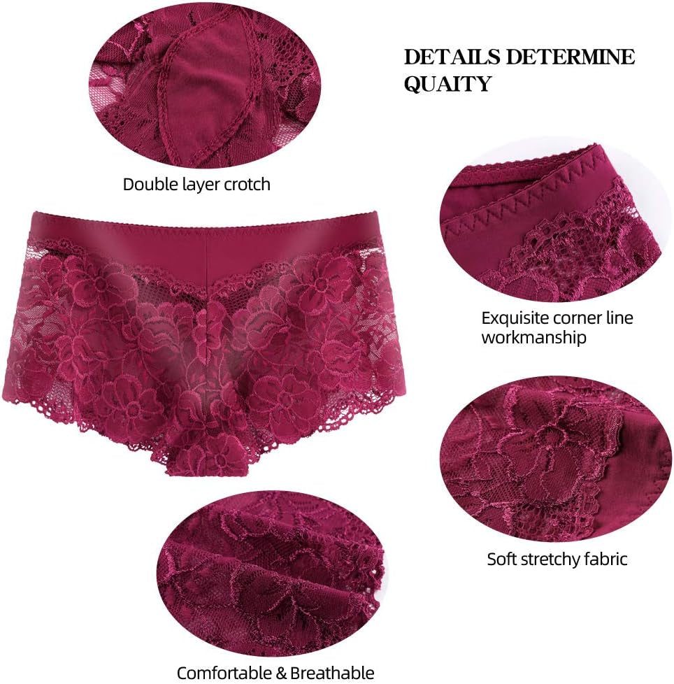 5 Pack of Women'S Underwear Regular & plus Size Lace Boyshort Panties Cheeky Silk Hipster Sexy Panty