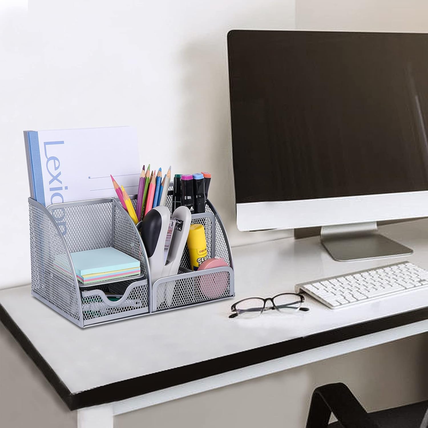 Desk Organizer Office Accessories, Multi-Functional Mesh Desk Organizer with 6 Compartments and 1 Drawer for Home, Office, School, Workshop, Kitchen (Silver)