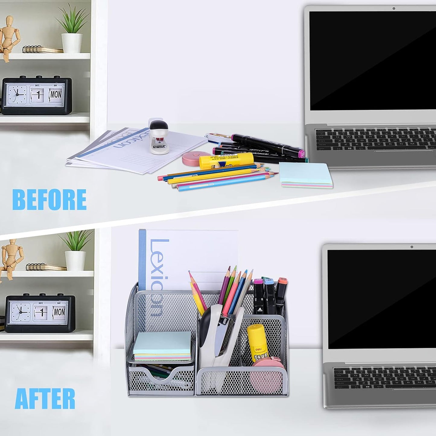 Desk Organizer Office Accessories, Multi-Functional Mesh Desk Organizer with 6 Compartments and 1 Drawer for Home, Office, School, Workshop, Kitchen (Silver)