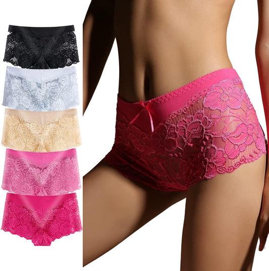 5 Pack of Women'S Underwear Regular & plus Size Lace Boyshort Panties Cheeky Silk Hipster Sexy Panty