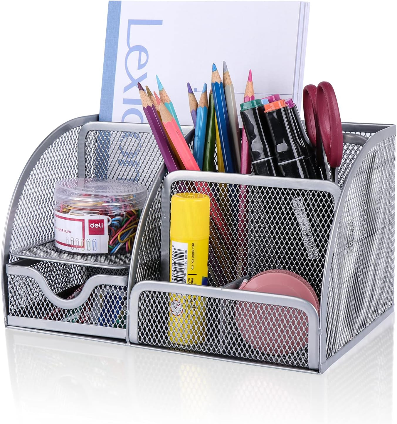Desk Organizer Office Accessories, Multi-Functional Mesh Desk Organizer with 6 Compartments and 1 Drawer for Home, Office, School, Workshop, Kitchen (Silver)
