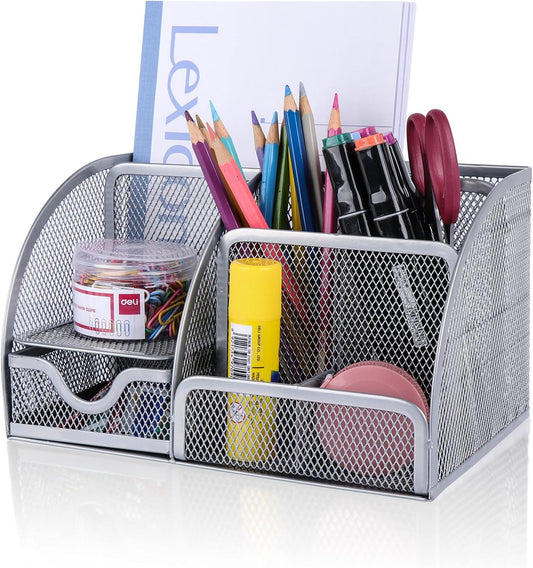 Desk Organizer Office Accessories, Multi-Functional Mesh Desk Organizer with 6 Compartments and 1 Drawer for Home, Office, School, Workshop, Kitchen (Silver)