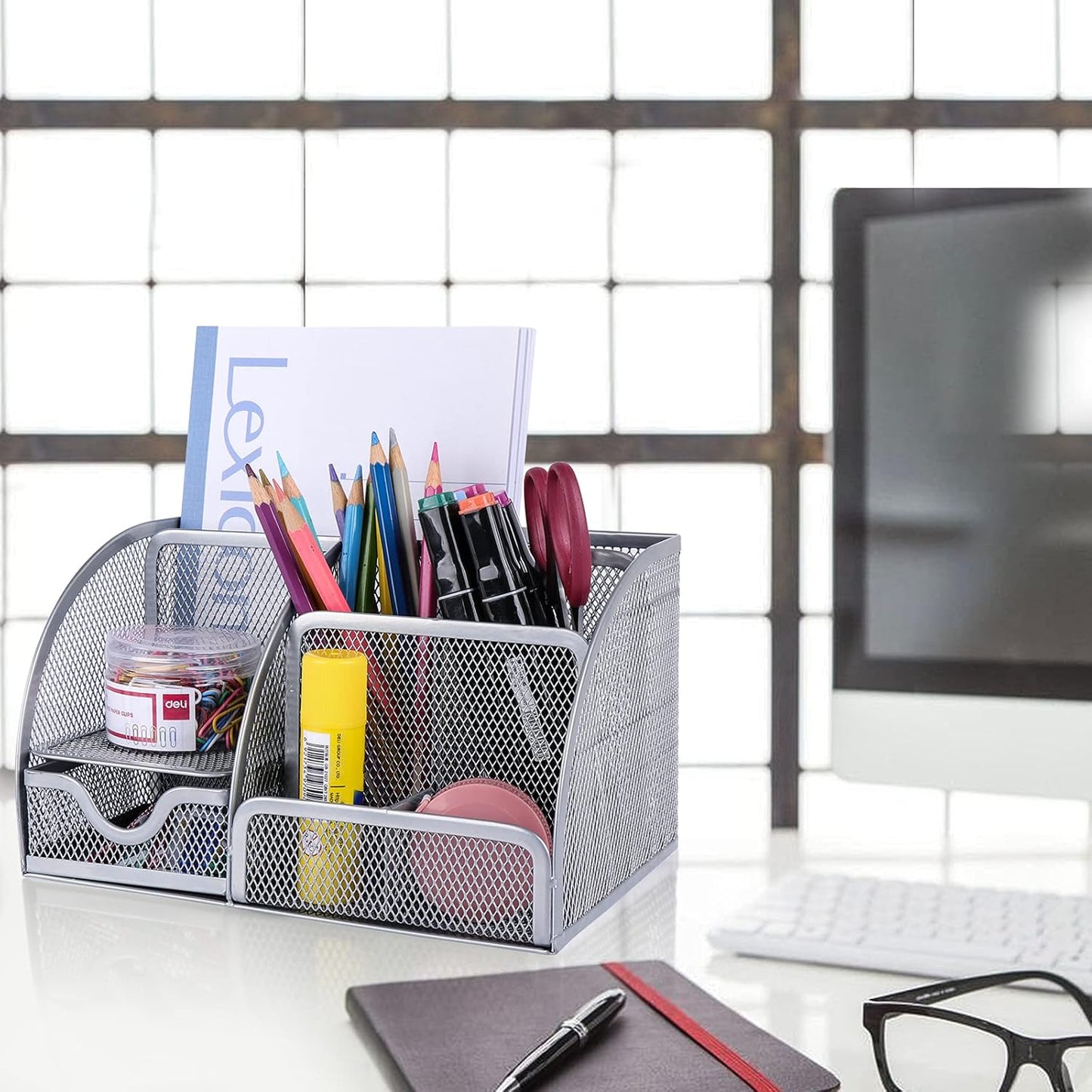 Desk Organizer Office Accessories, Multi-Functional Mesh Desk Organizer with 6 Compartments and 1 Drawer for Home, Office, School, Workshop, Kitchen (Silver)