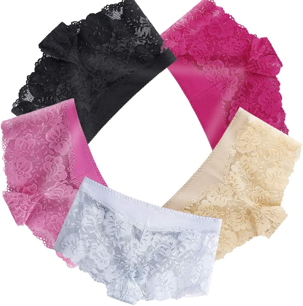 5 Pack of Women'S Underwear Regular & plus Size Lace Boyshort Panties Cheeky Silk Hipster Sexy Panty